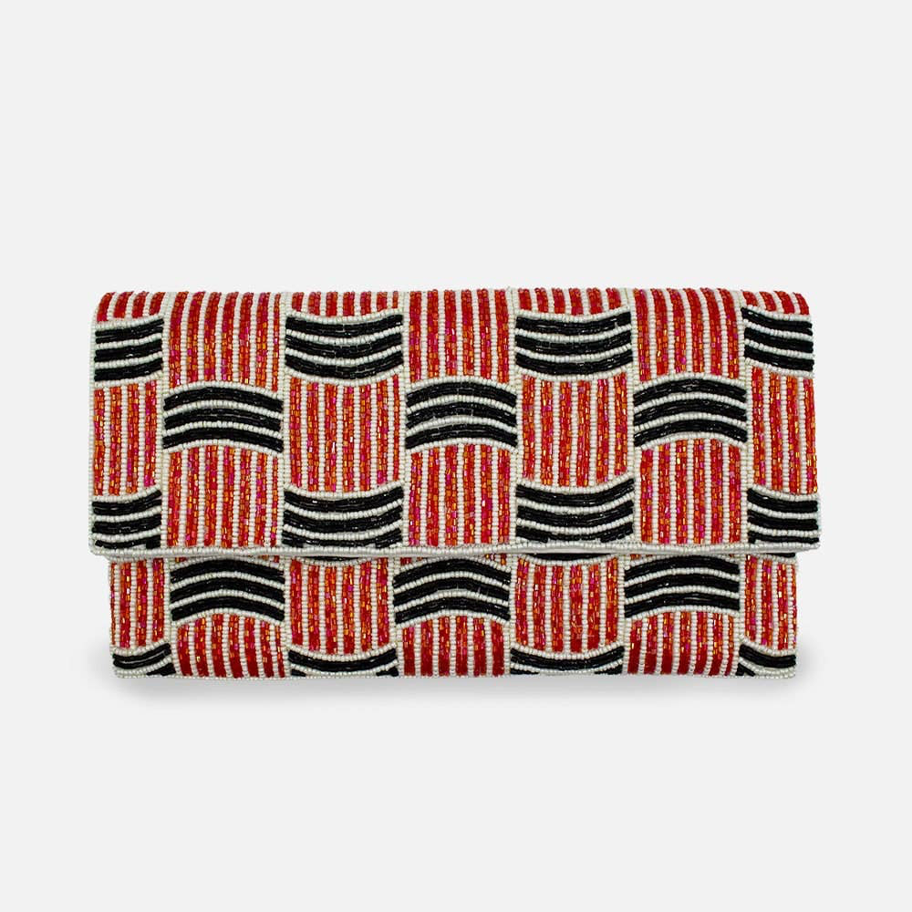 Clutch bag with red and black pattern on a white background
