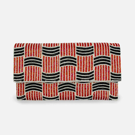Clutch bag with red and black pattern on a white background