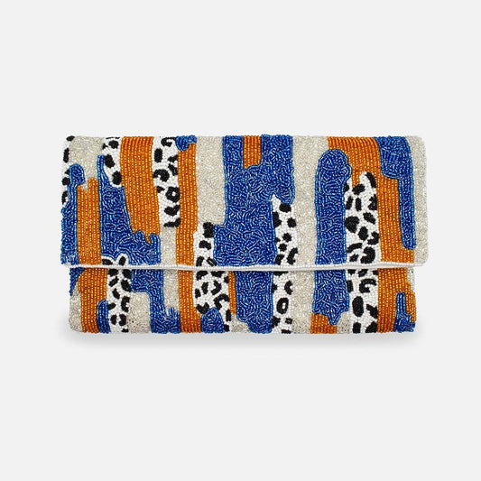 Orange, Blue, and Leopard Print patterned clutch bag on a white background